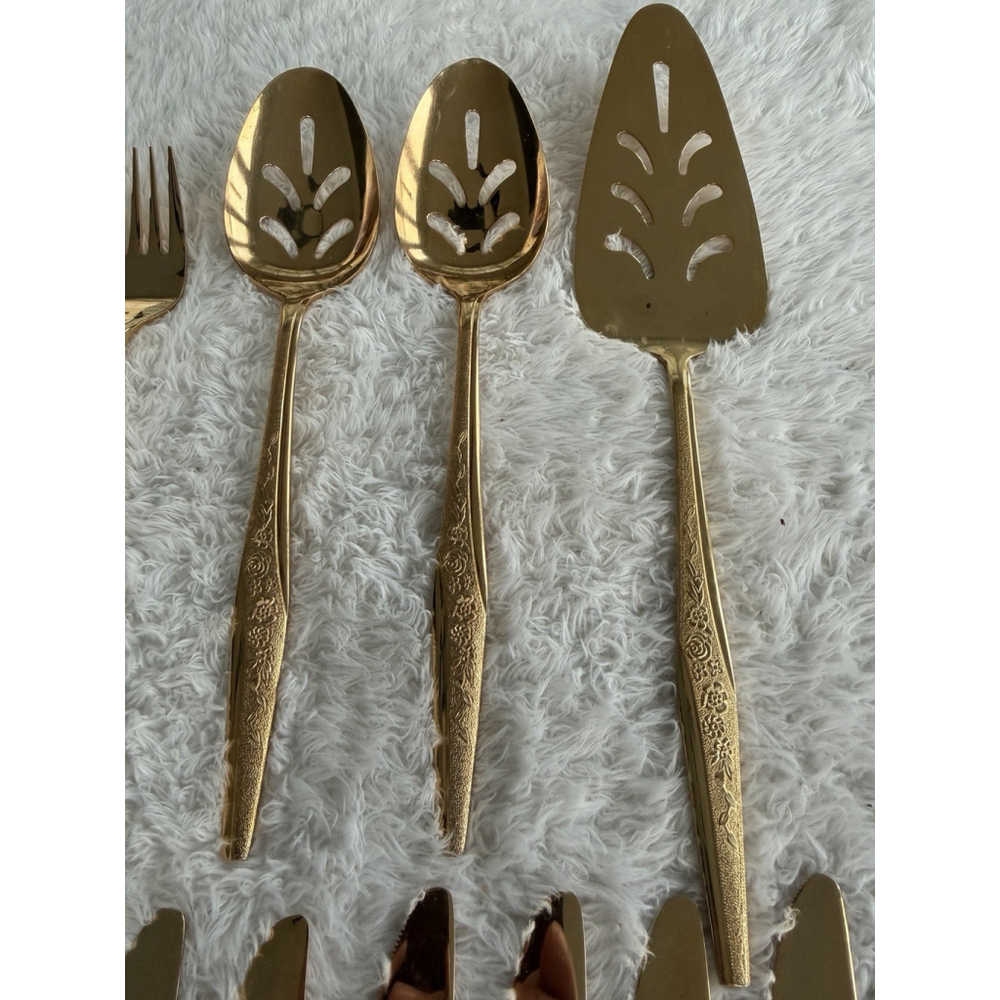 Golden Bouquet 24 kt Gold Electroplate 24 Pieces Flatware & Serving 1980’s - Picture 7 of 16